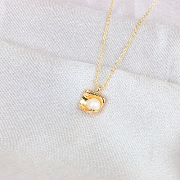 "Rose Gold Necklace with Modern Square Pendant and Pearl Accent, XPNL1885 - Picture 3 of 13